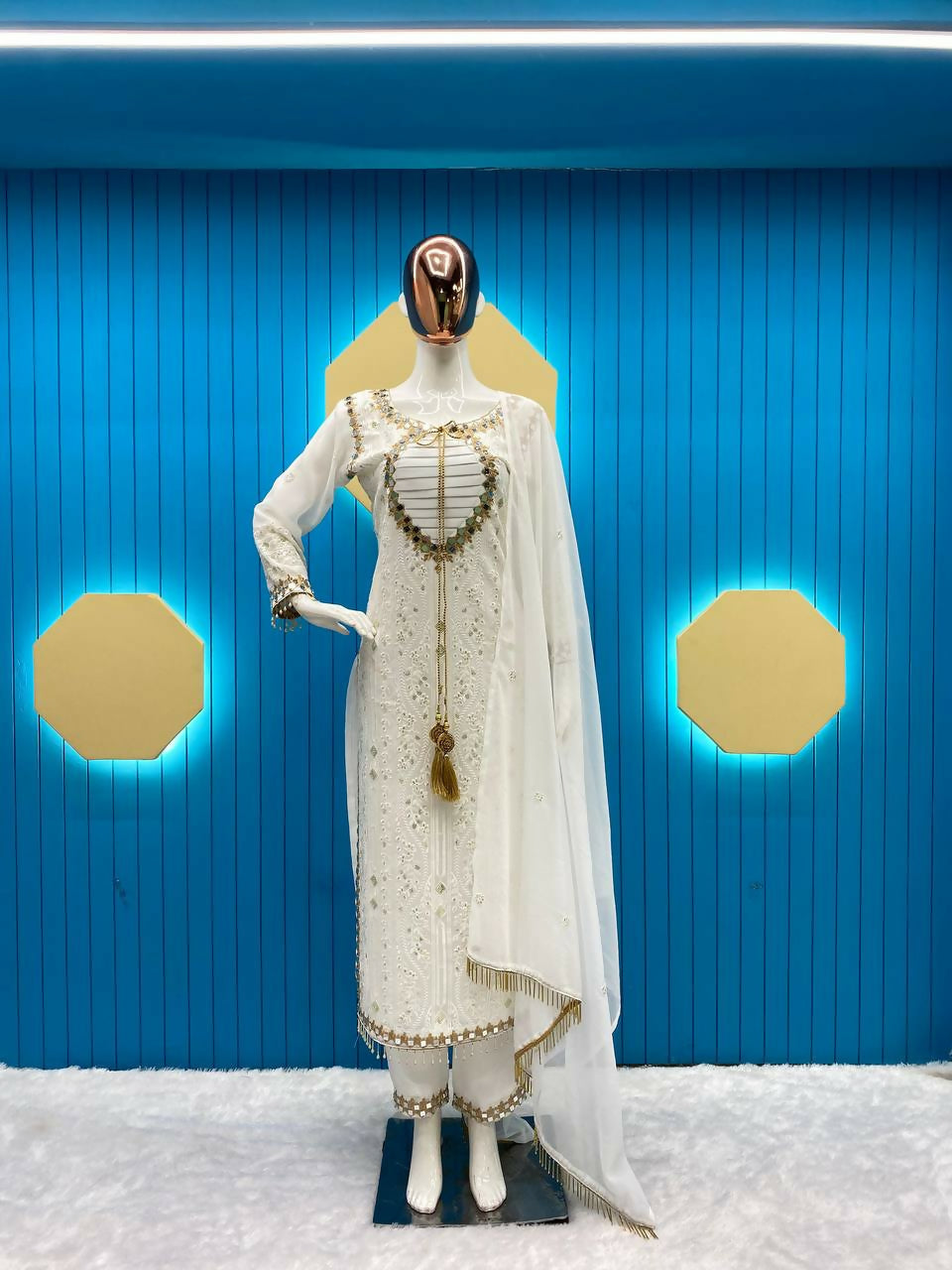 DESIRABLE FANCY FAUX GEORGETTE REAL MOTI HAND WORK TOP AND PENT WITH DUPATTA main image 1