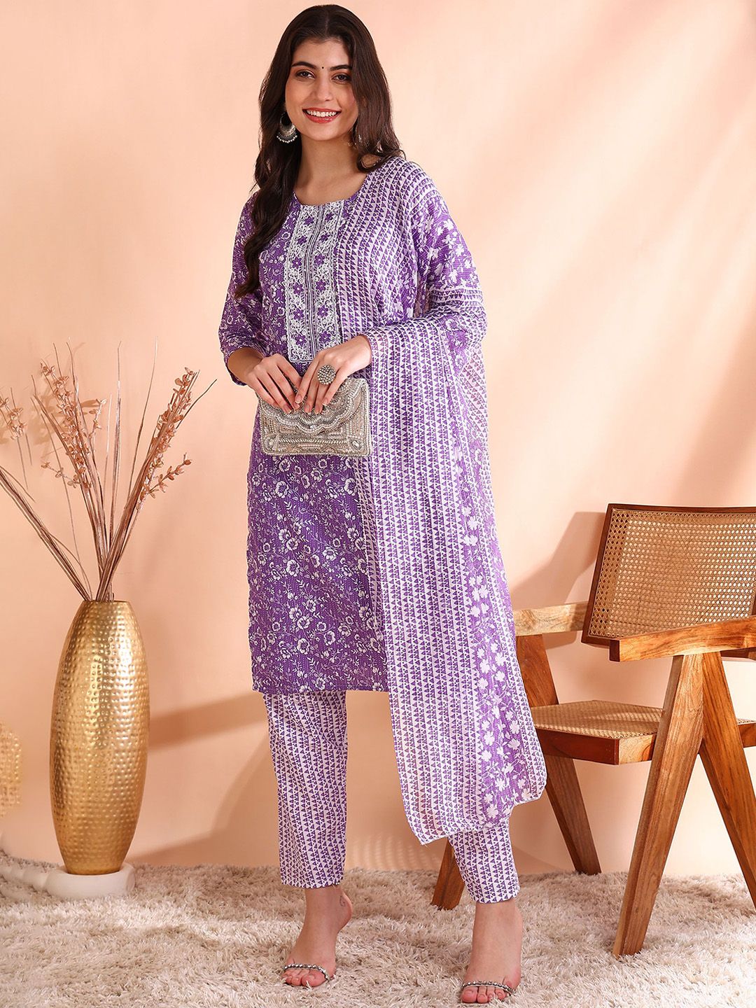 Ode by House of Pataudi Printed Mirror Work Pure Cotton Kurta With Trouser & Dupatta - Distacart