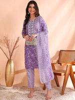 Thumbnail for Ode by House of Pataudi Printed Mirror Work Pure Cotton Kurta With Trouser & Dupatta - Distacart
