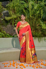 Thumbnail for Jyoti Fashion Women's Red Paithani Silk Zari Woven Saree with Blouse - Distacart
