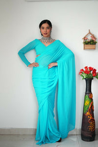 Thumbnail for Malishka Georgette Printed Ready To Wear Saree With Blouse Piece - Sky Blue - Distacart