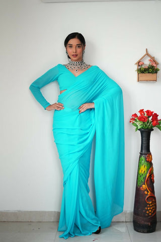 Malishka Georgette Printed Ready To Wear Saree With Blouse Piece - Sky Blue - Distacart