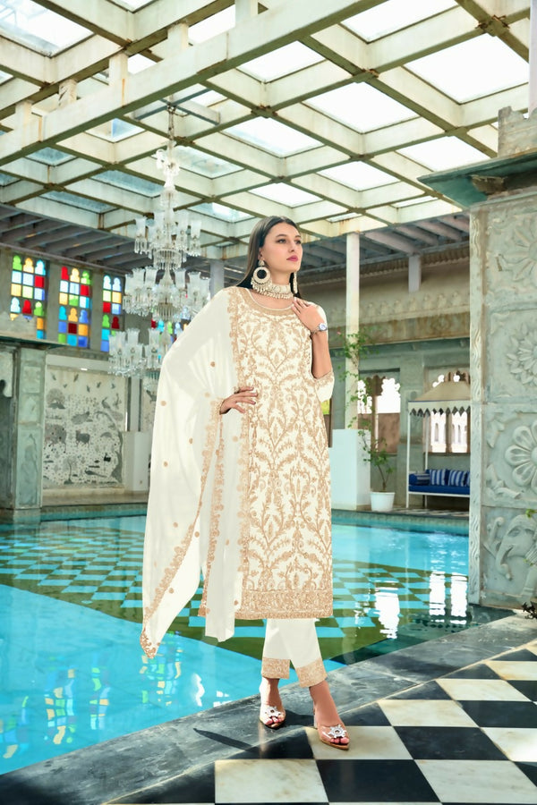 Jyoti Fashion Women's White Faux Georgette Heavy Embroidery and Moti Work Kurta Set - Distacart