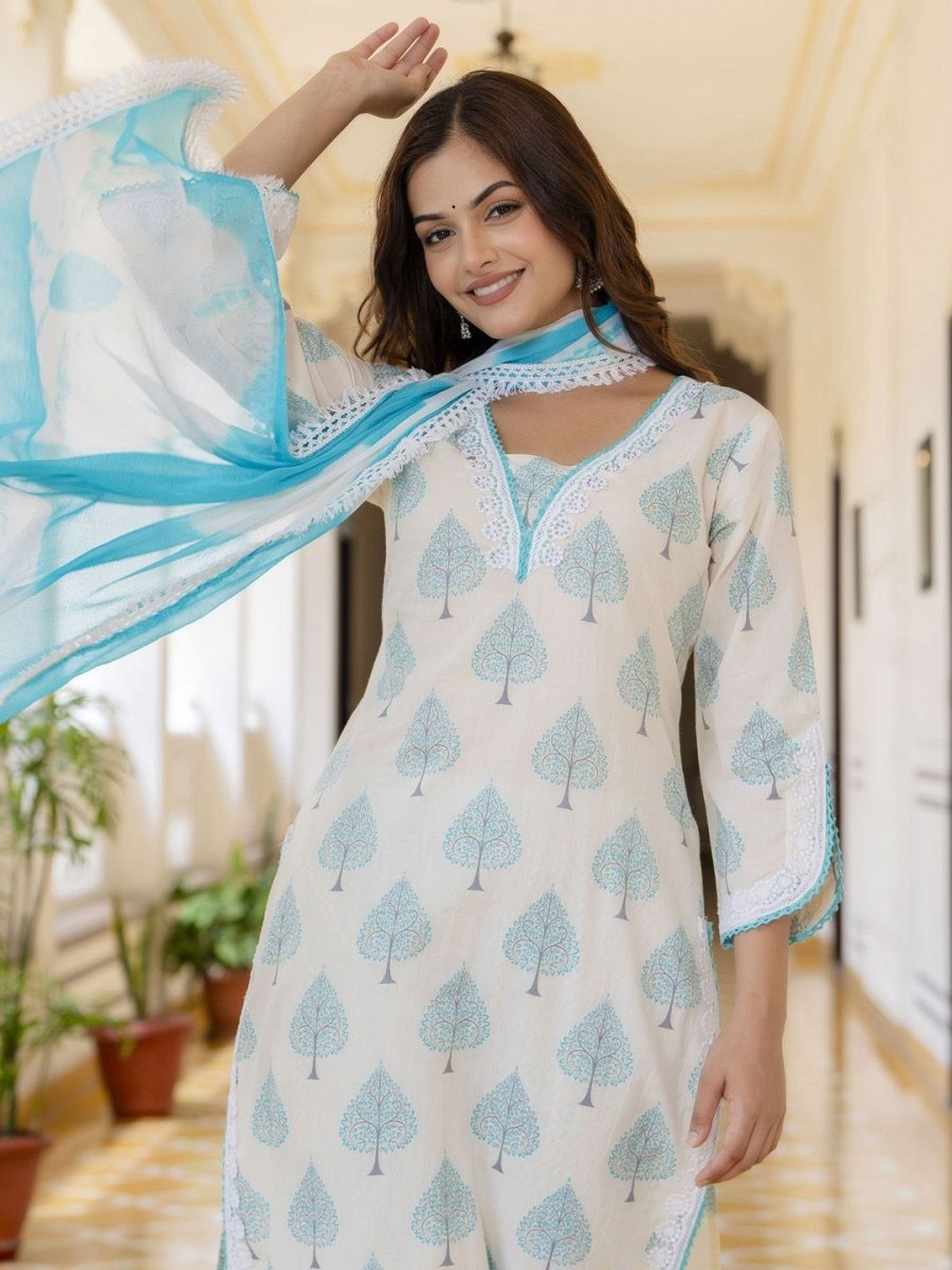 Anouk White Floral Printed Pure Cotton Lace Straight Kurta with Trousers & Dupatta - Distacart