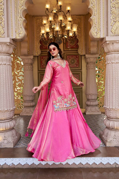 Teeya Creation Womens New Stylish Moti Beads With Cording Sequence Thread Embroidery Work Pink Kurta Set - Dista