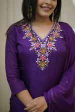 Thumbnail for The52 Purple Women's Gorgeous Vichitra Fabric Embroidered Work Straight Kurta Pant and Dupatta Set - Distacart