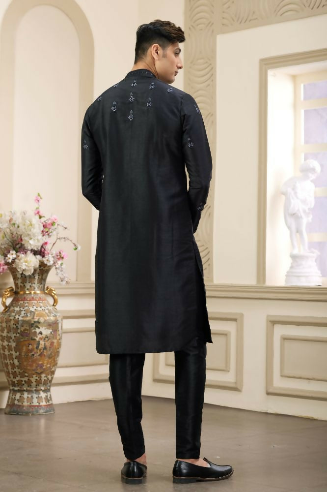 Raivat Ethnic Banarasi Art Silk Thread and Mirror Work Kurta Pajama In Black Colour