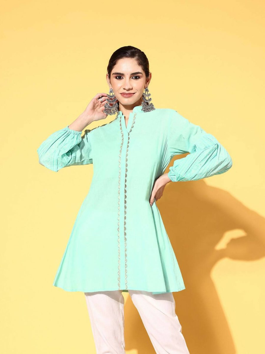 Ahalyaa Women Mint Green Pure Cotton Silver Print Tunic - Distacart