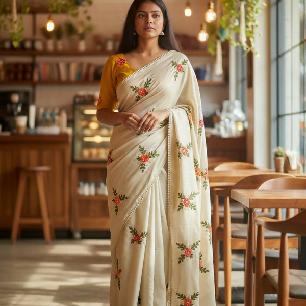 Teeya Creation Cream Rangoli Silk Embroidery Work Party Wear Designer Saree - Distacart