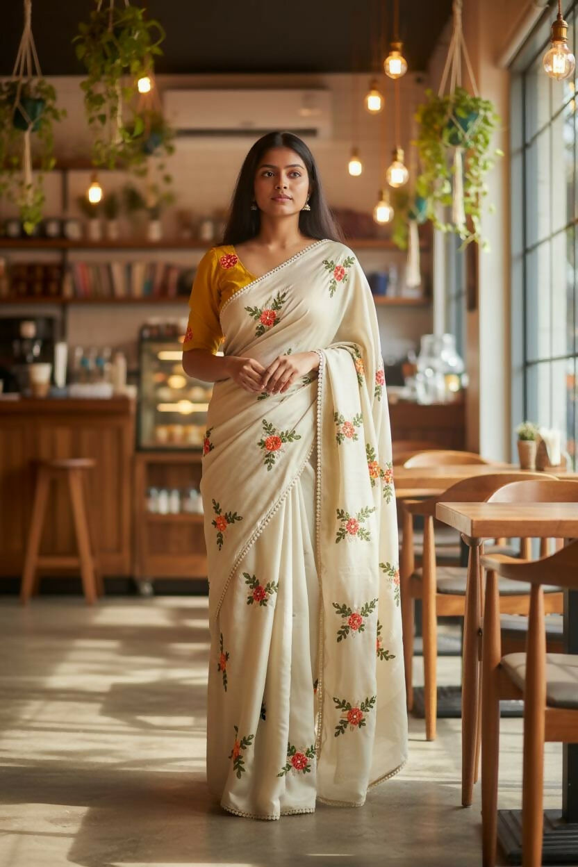 Teeya Creation Cream Rangoli Silk Embroidery Work Party Wear Designer Saree - Distacart