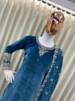 Thumbnail for Vastranavya Blue Velvet Sequence Embroidery Work Kurta & Bottom With Dupatta
