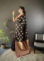 Thumbnail for Joban Fashion Black Checked & Circular Motifs Soft Silk Banarasi Saree - Distacart