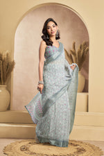 Thumbnail for Vastranavya Grey Digital Printed Linen Ready To Wear Designer Saree with Unstitched Blouse - Distacart