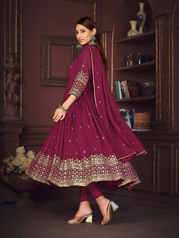 Jyoti Fashion Women's Rani Pink Georgette Embroidered Anarkali Kurta Pant Set With Dupatta - Distacart
