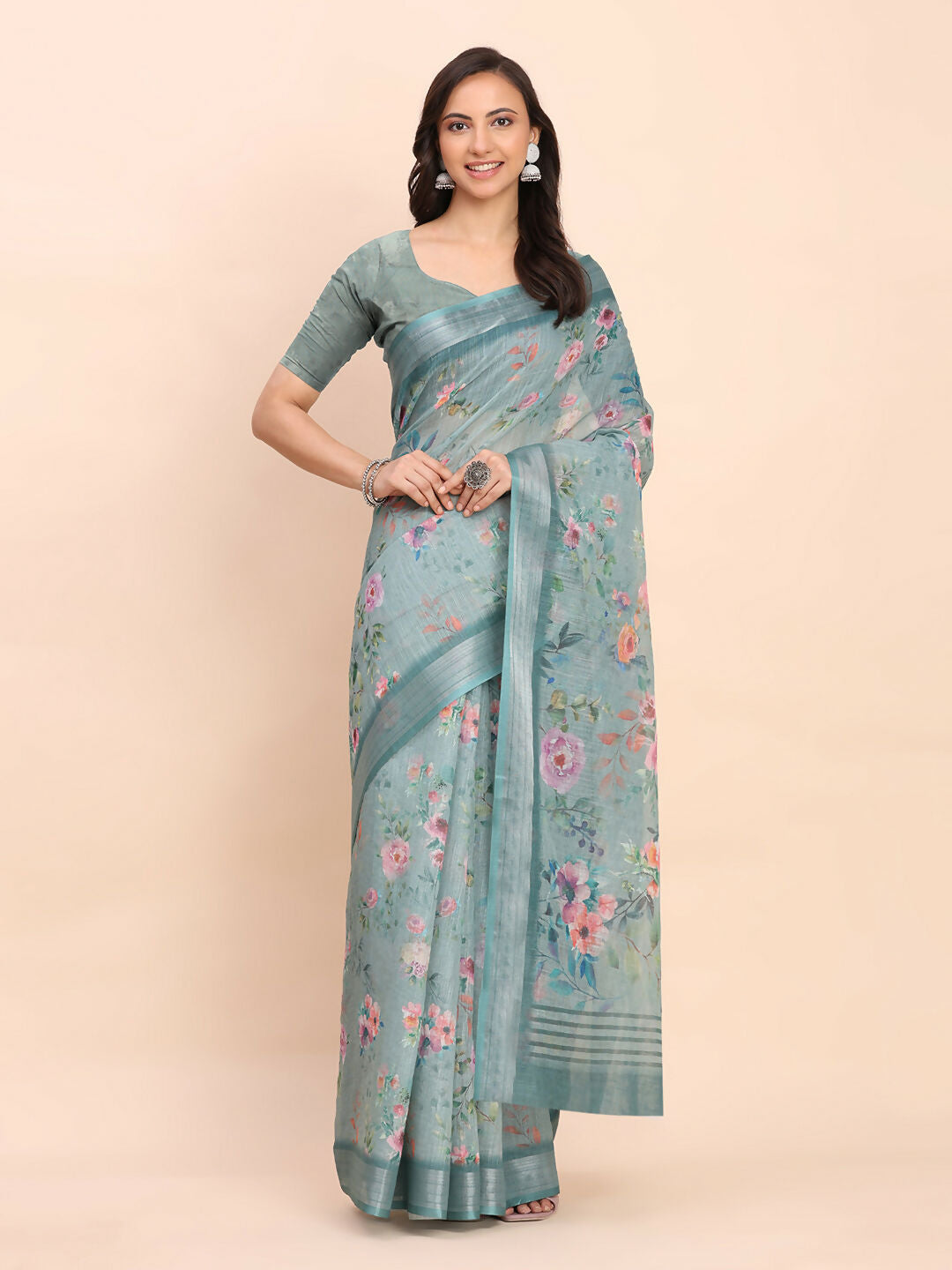 Astita Linen Cotton Sea Green Saree