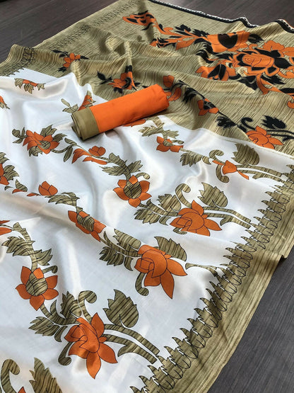 Vamika White Printed Art Silk Saree - Distacart
