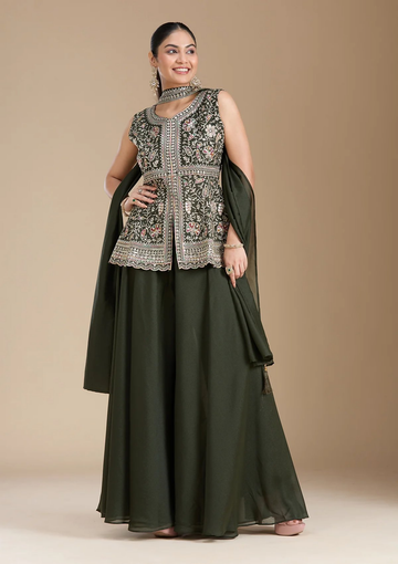 Teeya Creation Mehendi Color Star Georgette Party Wear Designer Peplum Sharara Set - Distacart