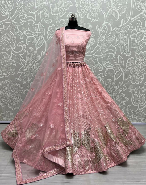 Jyoti Fashion Women's Pink Bridal Net Fancy Foil & Sequins with Multi Thread Embroidered Wedding Lehenga Choli - Distacart