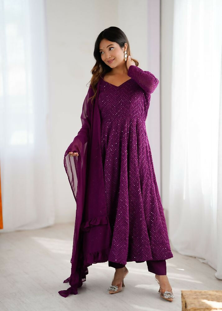 Joban Fashion Wine Kurta Set Georgette Sequence Embroidery Work