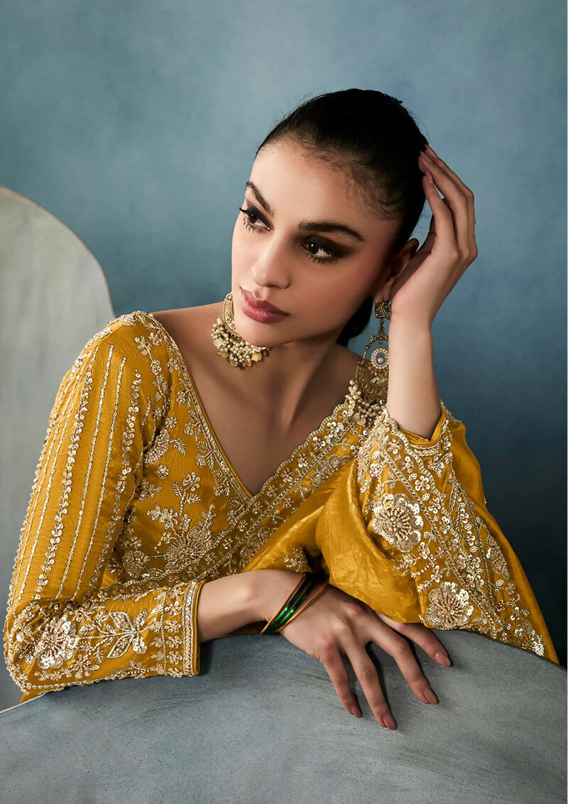 Monjolika Fashion Mustard Tissue Embroidered Sequins And Zari Work Saree