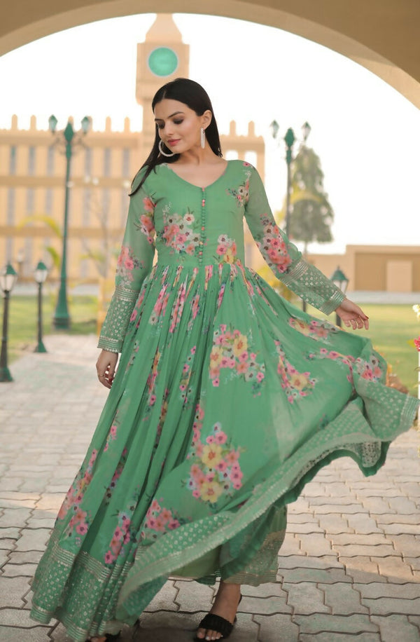 Jyoti Fashion Women's Green Digital Print with Sequence Zari Embroidered Faux Georgette Anarkali Dress - Distacart