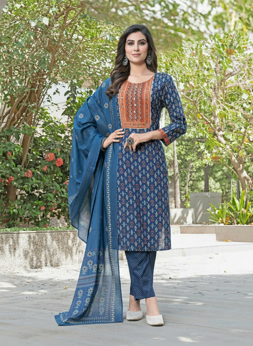 BulBul Aaliya Navy Cotton Kurta Set with Dupatta - Distacart