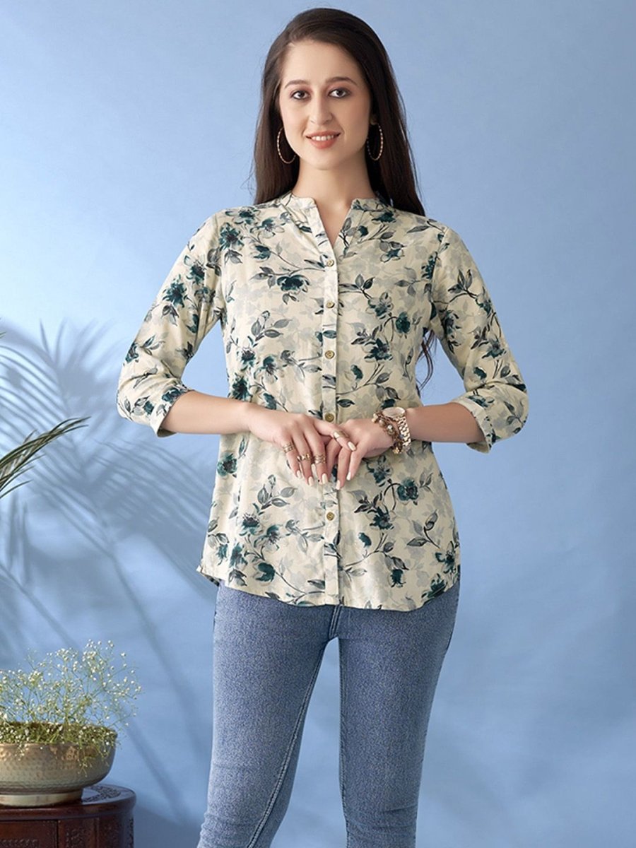 Anouk Off White & Teal Green Floral Printed Mandarin Collar Short Kurta - Distacart