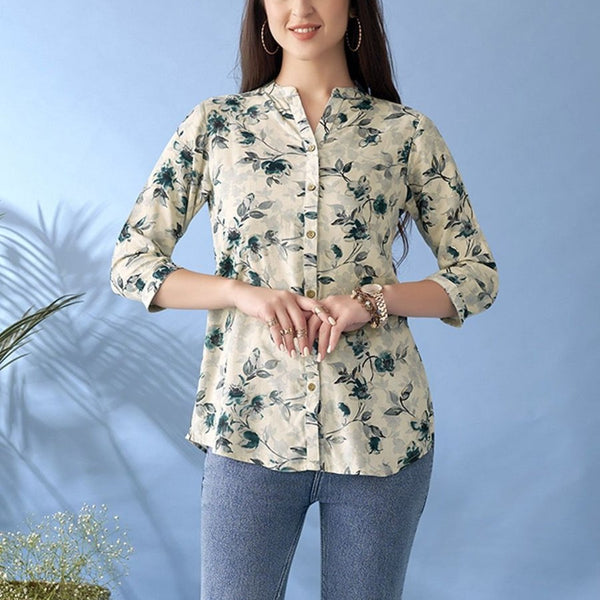 Anouk Off White & Teal Green Floral Printed Mandarin Collar Short Kurta - Distacart