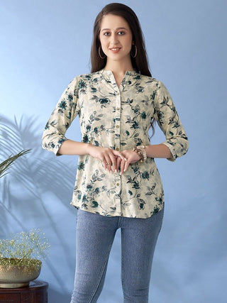 Anouk Off White & Teal Green Floral Printed Mandarin Collar Short Kurta - Distacart