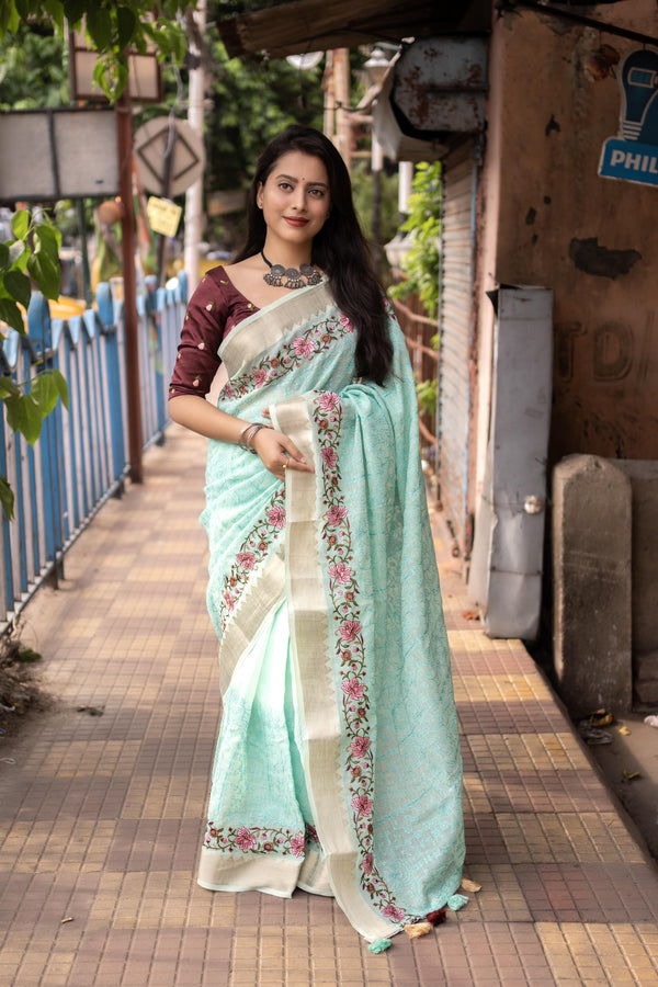 Blue Pure Linen Woven Design Saree with Unstitched Blouse - A2M