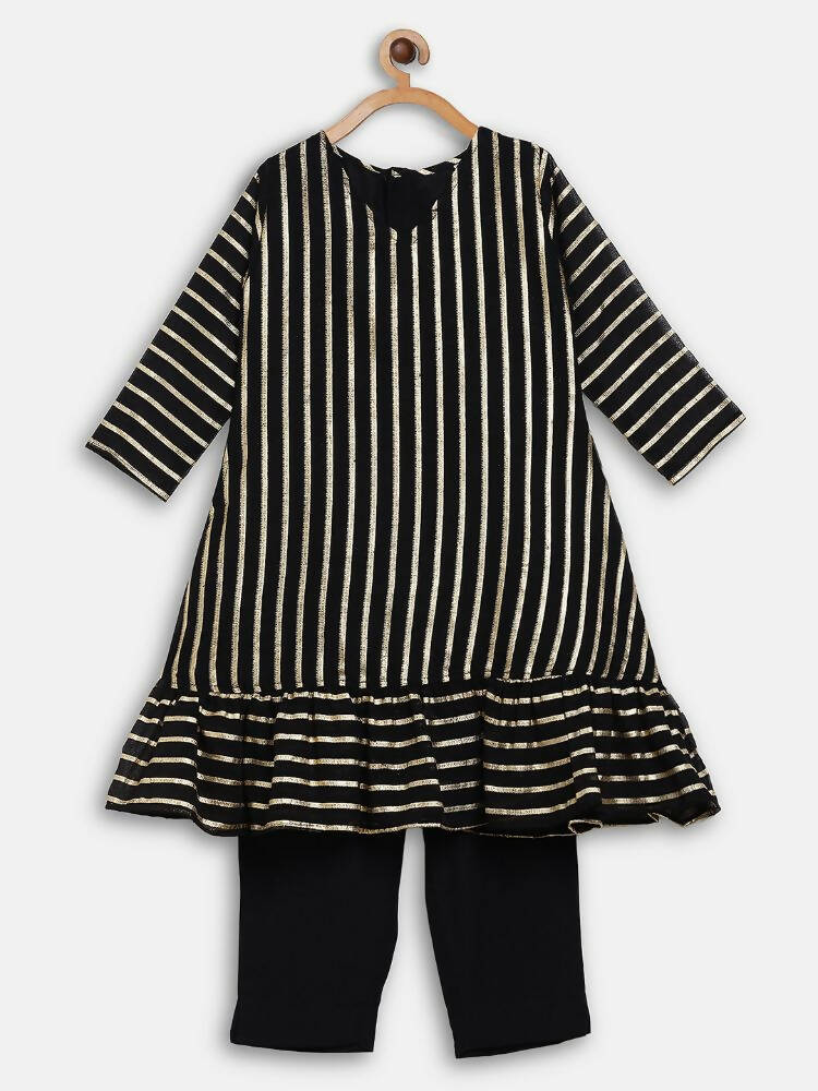 Ahalyaa Black Georgette Stripped Gold Printed Kids Kurta Pant Set For Girls - Distacart