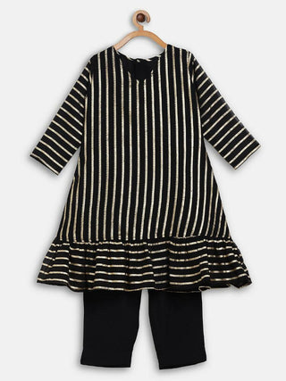 Ahalyaa Black Georgette Stripped Gold Printed Kids Kurta Pant Set For Girls - Distacart