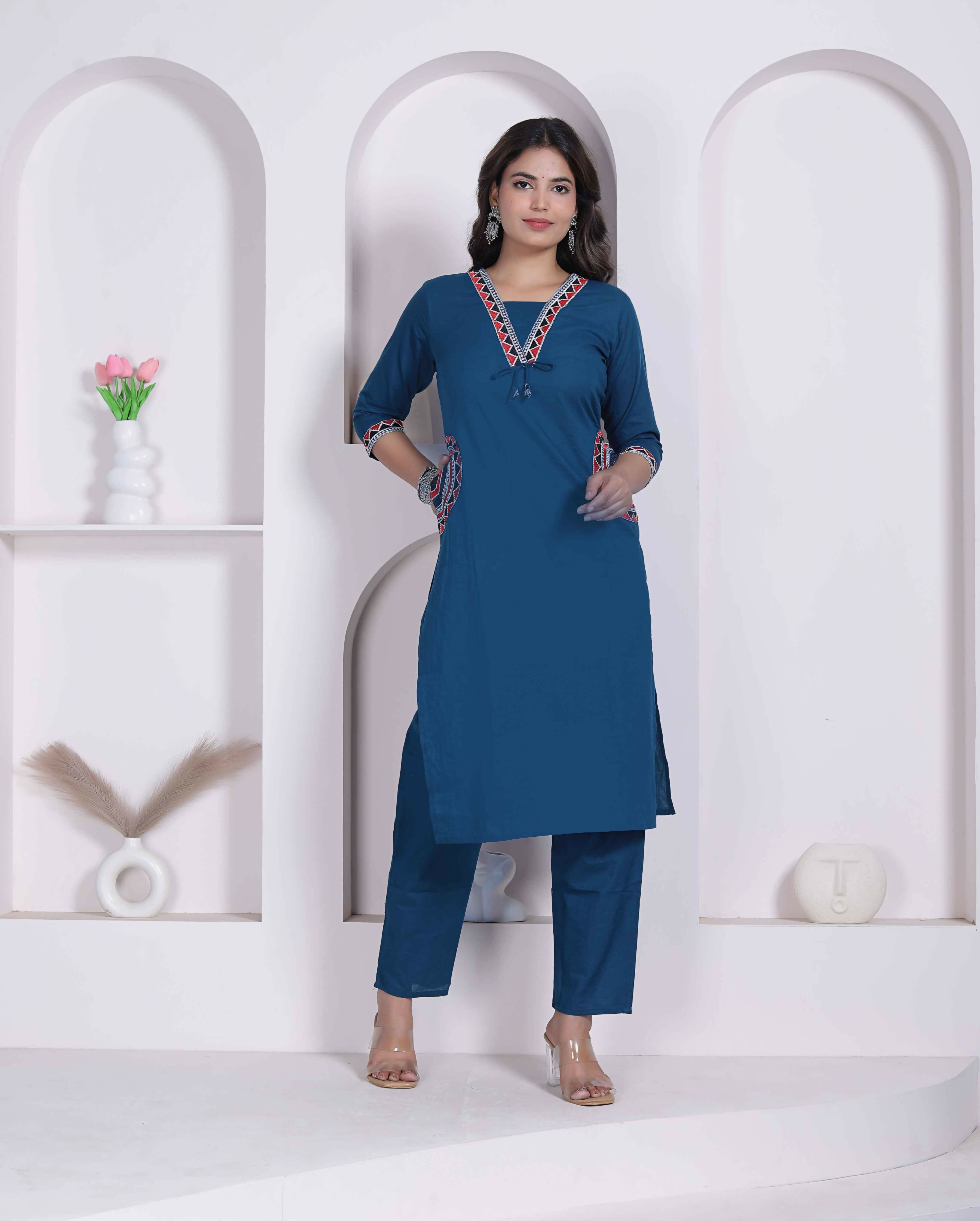 Miravan Womens Blue Straight Kurta With Palazzo Set - Dista