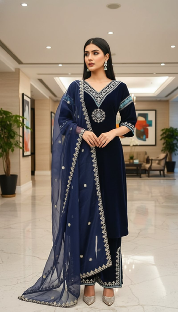 Joban Fashion Blue Velvet Embroidery Sequence Work Readymade Kurta Set - Distacart