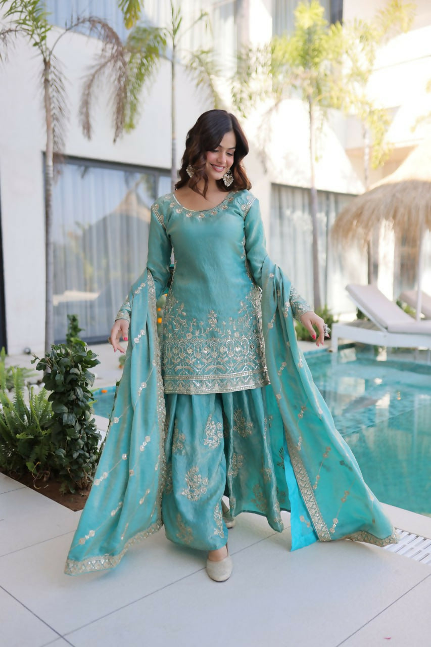 Teeya Creation Womens New Sky Color Fendi Crush With Zari & Sequins Embroidered Work - Dista