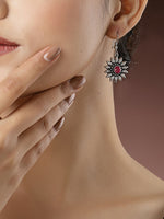 Thumbnail for NVR Women's Silver-Toned Artificial Stones German Silver Oxidised Drop Earrings - Distacart