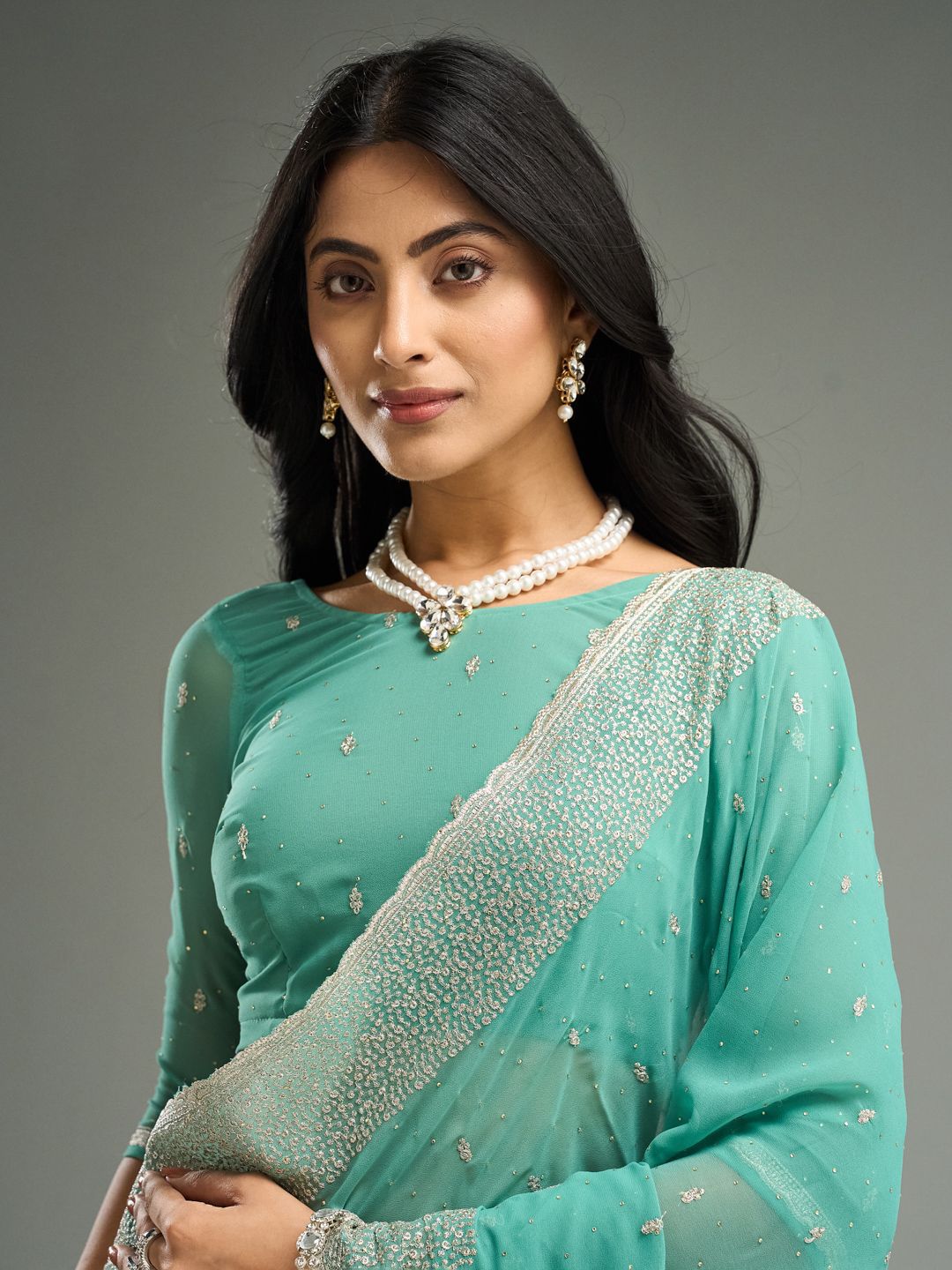 kasee Floral Embroidered Beads and Stones Pure Georgette Saree - Distacart