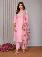 Thumbnail for Joban Fashion Women Light Pink Roman Embroidery Stitched Kurta Set - Distacart