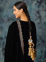 Thumbnail for Ruby Raang Gold Gota Pati Work And Threads With Pearls And Black Thread And Mirrors - Distacart
