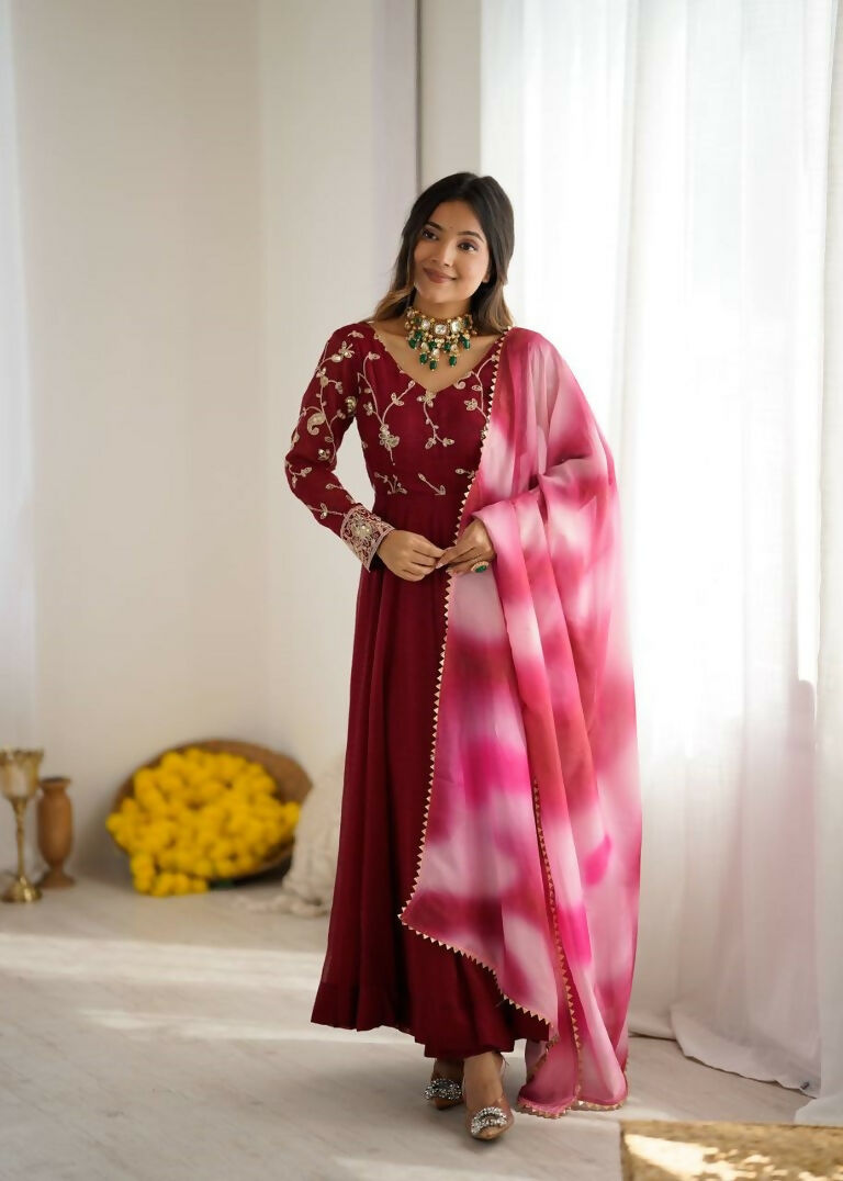 Teeya Creation Maroon Color Crunchy Silk Embroidery Work Gown