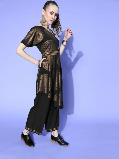 Ahalyaa Women Black Colour Crepe Printed Top Palazzo Set - Distacart