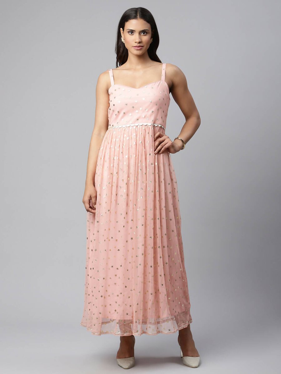 Ahalyaa Women Pink Net Gold Foil Print Dress - Distacart