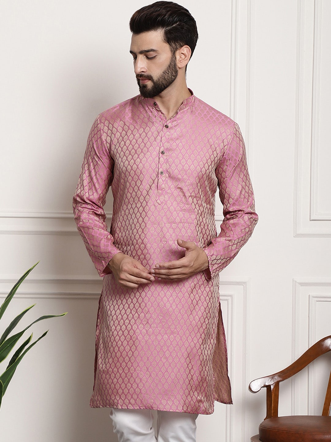 Sojanya Men Pink & Beige Ethnic Motifs Jacquard Woven Design Straight Kurta - Distacart