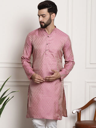 Sojanya Men Pink & Beige Ethnic Motifs Jacquard Woven Design Straight Kurta - Distacart