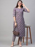 Thumbnail for Kalini Notched Neck Printed Kurta with Trousers - Distacart