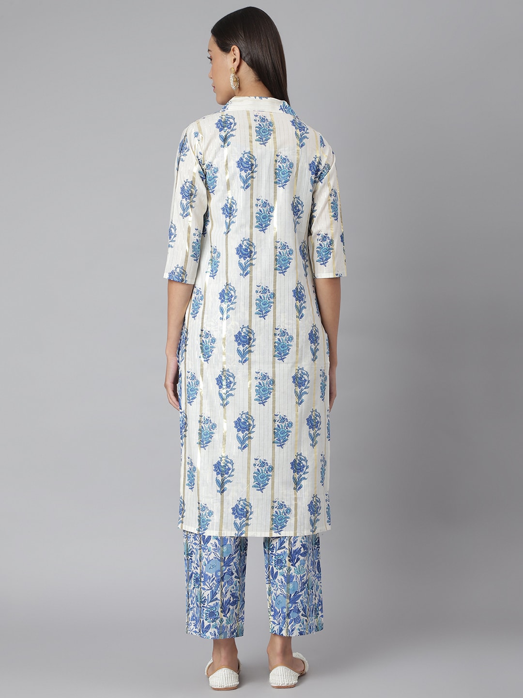 Khushal K Women Blue & White Printed Kurta with Palazzos & Jacket - Distacart