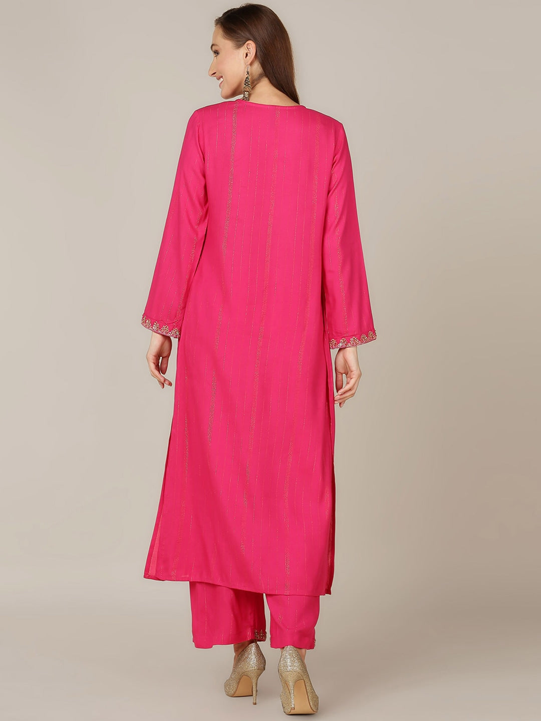 HERE&NOW V-Neck A-Line Bead Work Kurta with Palazzos - Distacart