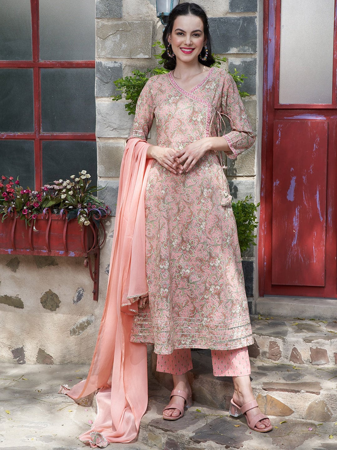 Sangria Peach Floral Printed Gotta Patti Pure Cotton A-Line Kurta with Trousers & Dupatta - Distacart