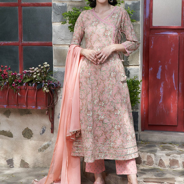 Sangria Peach Floral Printed Gotta Patti Pure Cotton A-Line Kurta with Trousers & Dupatta - Distacart