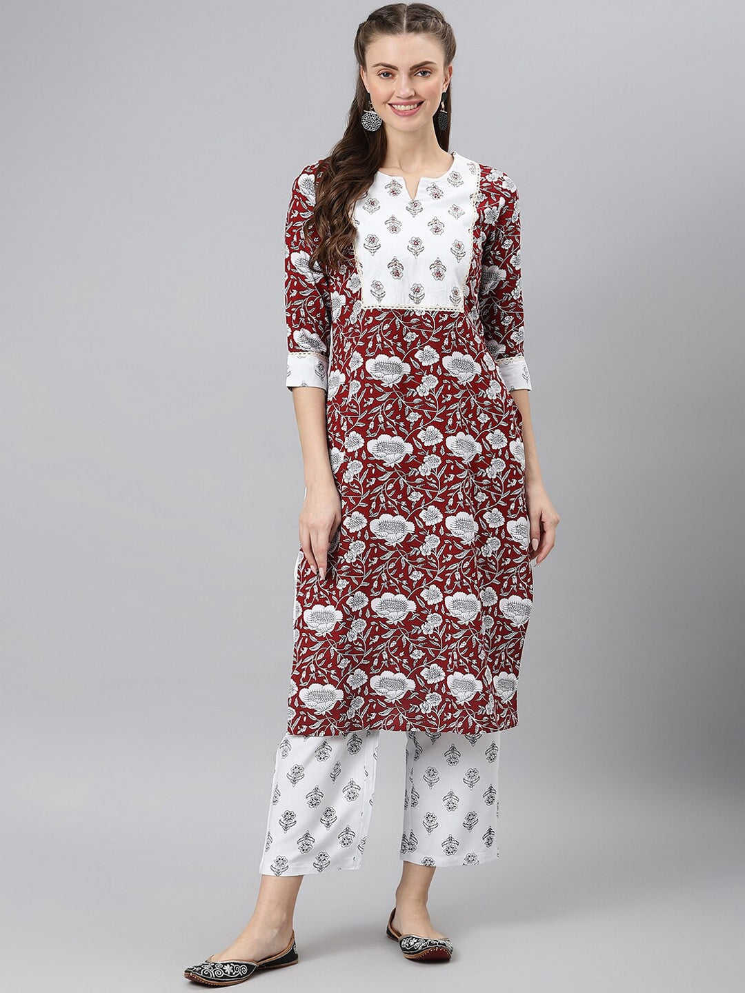 Khushal K Women Maroon Floral Printed Kurta with Palazzos - Distacart